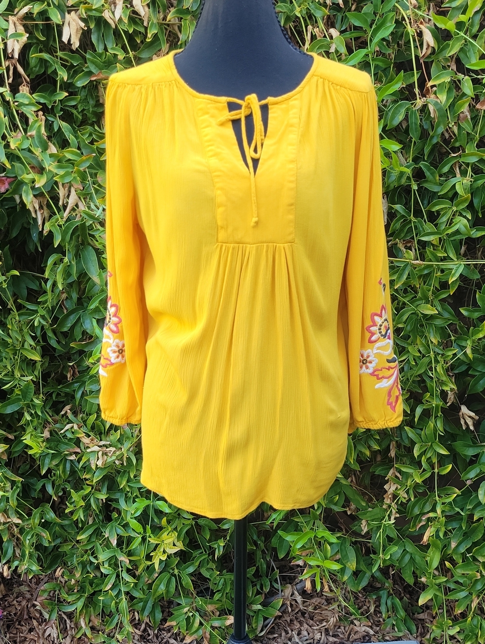 St. John's Bay Mustard Yellow Embroidered Sleeve Peasant Tunic Top